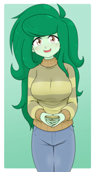 Size: 1761x3190 | Tagged: safe, alternate version, artist:batipin, wallflower blush, human, equestria girls, g4, my little pony equestria girls: better together, 2d, breasts, busty wallflower blush, clothes, female, gradient background, green background, high res, looking at you, nervous, nervous smile, open mouth, pants, pocket, proud, smiling, solo, sweater, throbbing, update, wavy mouth