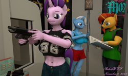 Size: 1213x720 | Tagged: safe, artist:robertwtf, starlight glimmer, sunburst, trixie, unicorn, anthro, g4, 3d, abs, big breasts, book, breasts, clothes, ear piercing, female, glasses, gun, looking at each other, looking at someone, male, nexgen, piercing, skirt, source filmmaker, tank top, weapon
