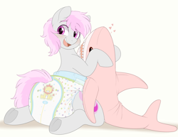 Size: 1450x1121 | Tagged: safe, artist:shuphle, oc, oc only, oc:pink flame, earth pony, pony, shark, abdl, adult diaper, adult foal, blåhaj, cream background, diaper, diaper fetish, fetish, frog (hoof), gray coat, hair, magenta eyes, mane, non-baby in diaper, open mouth, open smile, pink, pink eyes, pink hair, pink mane, pink shark plushie, plushie, poofy diaper, shark plushie, simple background, smiling, solo, tail, underhoof, white diaper