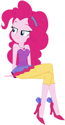 Size: 5017x9581 | Tagged: safe, artist:lobo299, pinkie pie, human, equestria girls, g4, bare shoulders, clothes, female, high heels, shoes, simple background, sitting, smiling, solo, transparent background