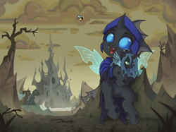 Size: 3856x2891 | Tagged: safe, artist:dorkmark, queen chrysalis, oc, oc:captain black lotus, oc:dima, oc:helmie, bee, changeling, insect, pony, g4, armor, changeling armor, changeling hive, changeling oc, chrysalis plushie, cloud, desert, happy, high res, hive, plushie, tree, wings