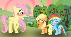 Size: 2560x1352 | Tagged: safe, artist:mysticxmagic, applejack, fluttershy, rainbow dash, pegasus, pony, g4, apple orchard, blushing, female, filly, filly applejack, filly fluttershy, filly rainbow dash, foal, lesbian, orchard, ship:appledash, shipping, solo, sweet apple acres, teenager, younger