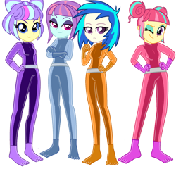 Size: 2089x2007 | Tagged: safe, artist:yaya54320bases, dj pon-3, sour sweet, sunny flare, supernova zap, vinyl scratch, human, equestria girls, g4, base used, bodysuit, catsuit, clothes, crossed arms, feet, gloves, group, hand on hip, high res, latex, latex suit, looking at you, quartet, simple background, totally spies, white background