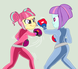 Size: 2178x1925 | Tagged: safe, artist:yaya54320bases, sour sweet, sunny flare, human, equestria girls, g4, base used, bodysuit, boxing gloves, catsuit, clothes, latex, latex suit, simple background, totally spies