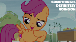 Size: 2000x1125 | Tagged: safe, edit, edited screencap, editor:quoterific, screencap, scootaloo, pegasus, g4, hard to say anything, apple, barrel, cart, food, solo, sweet apple acres