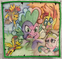 Size: 1280x1220 | Tagged: safe, idw, flash magnus, somnambula, spike, sunburst, dragon, pegasus, pony, unicorn, g4, my little pony: legends of magic, spoiler:comic, angry, colored pencil drawing, egyptian, egyptian headdress, egyptian pony, female, fight, flying, handkerchief, jail, male, mare, prison, shield, shocked, shocked expression, stallion, traditional art, worried