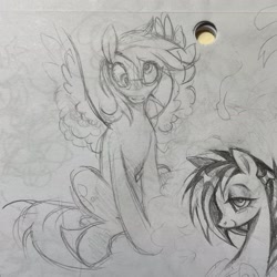 Size: 2048x2048 | Tagged: safe, artist:clowncarpal, derpy hooves, oc, pegasus, pony, g4, black and white, female, grayscale, high res, mare, monochrome, sitting, sketch, traditional art