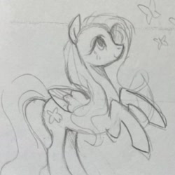 Size: 1542x1542 | Tagged: safe, artist:clowncarpal, fluttershy, butterfly, pegasus, pony, g4, black and white, female, grayscale, mare, monochrome, sketch, solo, traditional art