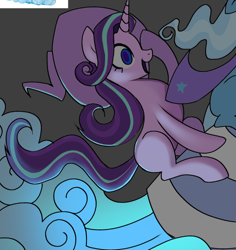 Size: 706x747 | Tagged: safe, artist:clowncarpal, starlight glimmer, trixie, pony, unicorn, g4, cape, clothes, duo, female, guardians of harmony, hat, mare, riding, rocket, toy, toy interpretation, trixie's cape, trixie's rocket, wip, witch hat