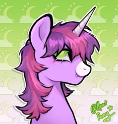 Size: 595x625 | Tagged: safe, artist:clowncarpal, oc, oc only, pony, unicorn, female, gradient background, mare, patterned background, snaggletooth, solo