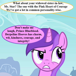 Size: 720x720 | Tagged: safe, edit, edited screencap, editor:korora, screencap, amethyst star, sparkler, g4, the mysterious mare do well, amethyst star is not amused, cropped, dialogue, implied derpy, implied prince blueblood, offscreen character, punctuation error, speech bubble, unamused