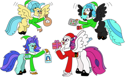 Size: 3153x1944 | Tagged: safe, artist:supahdonarudo, princess skystar, queen novo, oc, oc:icebeak, oc:sea lilly, classical hippogriff, hippogriff, my little pony: the movie, bag, belt, boots, christmas, clothes, coffee mug, cookie, costume, flying, food, freckles, hat, holding, holiday, mistletoe, mug, present, santa costume, santa hat, shoes, simple background, transparent background, tray