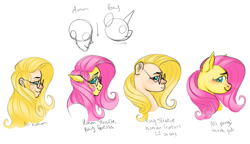 Size: 2875x1651 | Tagged: safe, artist:wtfponytime, fluttershy, human, hybrid, pony, anthro, cursed image, glasses, human to pony, humanized, side eye, side view, simple background, sketch, white background