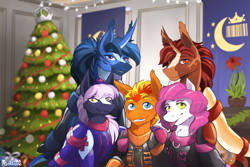 Size: 3600x2400 | Tagged: safe, artist:miramore, oc, oc only, oc:fireheart(fire), oc:nurse lavender blossom, oc:queen lunaris, oc:queen tiara, oc:storm cloud, alicorn, bat pony, bat pony alicorn, pegasus, pony, bat wings, card, christmas, christmas tree, cute, family, family photo, female, fireheart76's latex suit design, hearth's warming eve, high res, holiday, holiday card, horn, latex, latex suit, male, prisoners of the moon, rubber, rubber suit, tree, wings