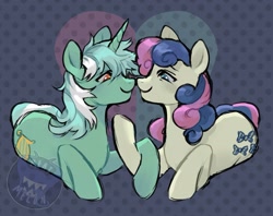Size: 1775x1405 | Tagged: safe, artist:clowncarpal, bon bon, lyra heartstrings, sweetie drops, earth pony, pony, unicorn, g4, abstract background, duo, female, heart, holding hooves, lesbian, lying down, mare, nose to nose, prone, ship:lyrabon, shipping