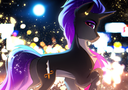 Size: 3507x2480 | Tagged: safe, artist:fenwaru, oc, oc only, oc:hidden nova, pony, unicorn, abstract background, black coat, butt, chest fluff, concave belly, countershading, ear piercing, earring, ethereal mane, high res, horn, jewelry, lidded eyes, looking at you, looking back, looking back at you, multicolored mane, piercing, plot, profile, raised hoof, slender, standing, starry mane, starry tail, tail, thin, unicorn oc