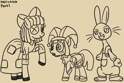 Size: 1500x1000 | Tagged: safe, artist:melisareb, doll pony, earth pony, hagwarders, object pony, original species, pony, rabbit, semi-anthro, animal, animate object, bow, brown background, clothes, crossover, doll, dress, female, hat, jax (tadc), jester, jester hat, jester outfit, lineart, living doll, male, mare, pomni, ponified, ponmi, ragatha, ragdoll, raised hoof, simple background, smiling, the amazing digital circus, toy, trio