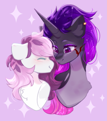 Size: 831x946 | Tagged: safe, artist:cofiiclouds, oc, oc only, pegasus, pony, unicorn, blushing, couple, ear piercing, earring, eyes closed, female, horn, jewelry, lesbian, looking at each other, looking at someone, multicolored hair, pegasus oc, piercing, scar, unicorn oc