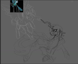 Size: 909x749 | Tagged: safe, artist:clowncarpal, queen chrysalis, alicorn, changeling, changeling queen, pony, g4, duo, female, gray background, mare, monochrome, simple background, sketch, wip