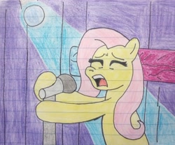 Size: 2119x1761 | Tagged: safe, artist:autobotk-9, fluttershy, pony, g4, eyes closed, female, lined paper, madonna, mare, microphone, open mouth, singing, solo, traditional art