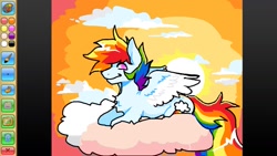 Size: 1191x670 | Tagged: safe, artist:clowncarpal, rainbow dash, pegasus, pony, g4, animal jam, chest fluff, cloud, colored wings, colored wingtips, female, lying down, mare, on a cloud, prone, solo, sun, wings