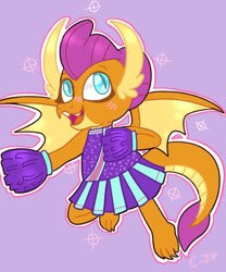 Size: 387x466 | Tagged: safe, artist:crystalizedjellyfish, smolder, dragon, g4, cheerleader, cheerleader outfit, cheerleader smolder, clothes, cute, dragoness, female, open mouth, pom pom, purple background, simple background, smolderbetes, solo, wings