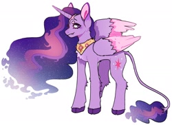 Size: 2048x1492 | Tagged: safe, artist:clowncarpal, twilight sparkle, alicorn, pony, g4, alternate design, chest fluff, cloven hooves, colored wings, colored wingtips, concave belly, ethereal mane, ethereal tail, female, fluffy, leg fluff, leonine tail, mare, peytral, simple background, snaggletooth, solo, tail, twilight sparkle (alicorn), two toned wings, unshorn fetlocks, white background, wing fluff, wings