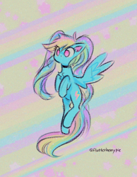 Size: 987x1275 | Tagged: safe, artist:flutterberrypie, rainbow dash, pegasus, pony, g4, alternate hairstyle, chest fluff, cute, dashabetes, female, mare, no pupils, pigtails, rainbow background, signature, solo, spread wings, twintails, wings