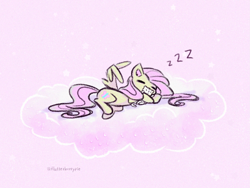 Size: 1501x1126 | Tagged: safe, artist:flutterberrypie, fluttershy, cat, pegasus, pony, g4, cloud, cute, lying down, lying on a cloud, on a cloud, on side, onomatopoeia, pink background, plushie, shyabetes, simple background, sleeping, snuggling, solo, sound effects, zzz