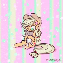 Size: 835x835 | Tagged: safe, artist:flutterberrypie, applejack, cat, earth pony, pony, g4, commission, cute, hug, jackabetes, looking down, one eye closed, rainbow background, sitting, solo, stars