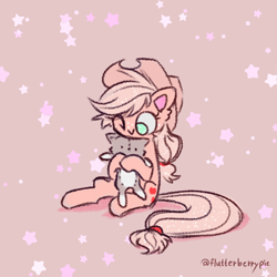 Size: 1044x1044 | Tagged: safe, alternate version, artist:flutterberrypie, applejack, cat, earth pony, pony, g4, brown background, commission, cute, hug, jackabetes, looking down, one eye closed, simple background, sitting, solo, stars
