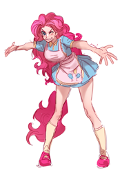 Size: 2480x3508 | Tagged: safe, artist:motonosaur, pinkie pie, human, equestria girls, g4, arms in the air, blush lines, blushing, bracelet, clothes, eyebrows, female, high res, jewelry, mary janes, one eye closed, shoes, simple background, socks, solo, teeth, white background