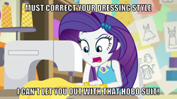 Size: 1066x600 | Tagged: safe, edit, edited screencap, editor:twi clown, screencap, rarity, human, equestria girls, g4, my little pony equestria girls: better together, caption, female, image macro, sewing, sewing machine, solo, text, the incredibles