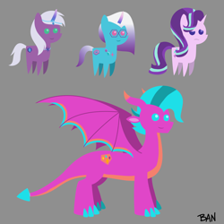 Size: 3000x3000 | Tagged: safe, artist:banquo0, blaize skysong, comet (g5), starlight glimmer, violet frost, auroricorn, dragon, pony, unicorn, g4, g5, my little pony: make your mark, my little pony: make your mark chapter 6, secrets of starlight, spoiler:g5, spoiler:my little pony: make your mark, spoiler:my little pony: make your mark chapter 6, spoiler:mymc06e04, female, gray background, high res, male, mare, pointy ponies, simple background, stallion