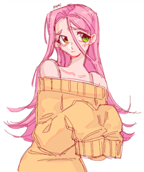 Size: 1228x1472 | Tagged: safe, artist:motonosaur, fluttershy, human, g4, bare shoulders, clothes, cute, humanized, long sleeves, off shoulder, off shoulder sweater, shyabetes, simple background, solo, sweater, sweatershy, white background