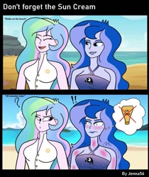 Size: 983x1172 | Tagged: safe, artist:jenna56, princess celestia, princess luna, principal celestia, vice principal luna, human, equestria girls, g4, 2 panel comic, beach, big breasts, blushing, breasts, busty princess celestia, busty princess luna, comic, duo, duo female, exclamation point, female, huge breasts, question mark, sunburn, sunscreen, thought bubble