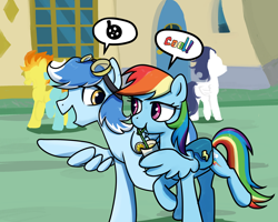 Size: 2560x2048 | Tagged: safe, artist:brella, fleetfoot, rainbow dash, soarin', spitfire, oc, oc:seaice, pegasus, pony, g4, after practise, bag, canon x oc, conversation, goggles, goggles on head, hang out, high res, juice, lemonade, movie reference, pictogram, seadash, street, wing gesture, wing hands, wing hold, wings