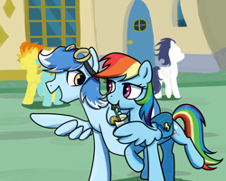 Size: 2560x2048 | Tagged: safe, artist:brella, fleetfoot, rainbow dash, soarin', spitfire, oc, oc:seaice, pegasus, pony, g4, after practise, bag, canon x oc, goggles, goggles on head, hang out, high res, juice, lemonade, seadash, street, wing gesture, wing hands, wing hold, wings