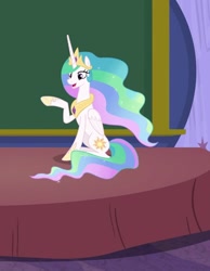 Size: 837x1080 | Tagged: safe, screencap, princess celestia, alicorn, pony, g4, horse play, concave belly, cropped, crown, ethereal mane, ethereal tail, folded wings, horn, indoors, jewelry, long horn, long mane, long tail, open mouth, open smile, peytral, raised hoof, regalia, school of friendship, sitting, slender, smiling, solo, stage, tail, tall, thin, wings