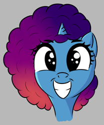 Size: 4125x4967 | Tagged: safe, artist:itchystomach, misty brightdawn, pony, unicorn, g5, cute, eyebrows, eyebrows visible through hair, female, gray background, grin, looking at you, mare, mistybetes, simple background, smiling, smiling at you, solo, teeth, waifu material
