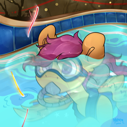 Size: 4000x4000 | Tagged: safe, artist:midnightpremiere, scootaloo, oc, oc:justinaloo, pegasus, pony, g4, cute, cutealoo, female, filly, foal, glowstick, scuba diving, scuba gear, solo, submerged, swimming pool, water, watermark