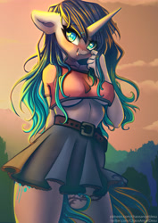 Size: 3508x4961 | Tagged: safe, artist:chaosangeldesu, oc, oc only, oc:stardust splash, unicorn, anthro, aeroverse, belt, blushing, breasts, clothes, commission, cute, female, heart, heart eyes, looking at you, mare, mountain, skirt, smiling, smiling at you, solo, sunset, underboob, wingding eyes, ych result