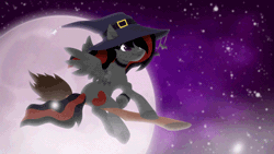 Size: 640x360 | Tagged: safe, artist:rumista, oc, oc only, oc:se solar eclipse, pegasus, pony, animated, beautiful, bow, broom, butt, choker, clothes, cloud, female, flowing mane, flowing tail, flying, flying broomstick, gif, goth, gothic, gradient mane, gradient tail, halloween, hat, holiday, moon, night, nightmare night, pegasus oc, plot, pony oc, smiling, solo, sparkles, stars, tail, watch, witch, witch hat, wristwatch