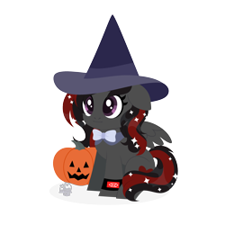Size: 3000x3000 | Tagged: safe, artist:zakypo, oc, oc only, oc:se solar eclipse, pegasus, pony, beautiful, bowtie, chibi, cute, halloween, halloween 2023, happy, hat, high res, holiday, jack-o-lantern, pegasus oc, pony oc, pumpkin, simple background, smiling, solo, sparkles, transparent background, watch, witch hat, wristwatch