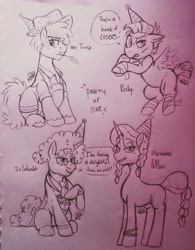 Size: 3071x3935 | Tagged: safe, artist:dsstoner, madame leflour, mr. turnip, rocky, sir lintsalot, earth pony, pegasus, pony, unicorn, g4, my little pony: friendship is magic, party of one, clothes, female, high res, male, mare, ponified, stallion, traditional art