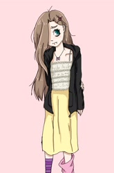 Size: 1345x2041 | Tagged: artist needed, safe, fluttershy, human, g4, barrette, brown hair, clothes, cutie mark accessory, cutie mark necklace, hair over one eye, humanized, jacket, jewelry, long hair, mismatched socks, natural hair color, necklace, nervous, pink background, simple background, skirt, socks, solo, striped socks