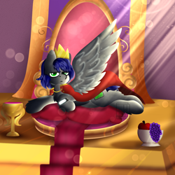 Size: 1048x1048 | Tagged: source needed, safe, artist:bluemoon, oc, oc only, oc:mb midnight breeze, pegasus, pony, alcohol, apple, beautiful, cape, carpet, chalice, clothes, comfy, crepuscular rays, crossed legs, crown, elegant, food, fruit, fruit bowl, gold, grapes, jewelry, king, looking at you, lying down, pegasus oc, pillow, pony oc, regalia, serious, serious face, spread wings, throne, throne room, watch, wine, wings, wristwatch