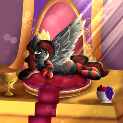 Size: 1048x1048 | Tagged: source needed, safe, artist:bluemoon, oc, oc only, oc:se solar eclipse, pegasus, pony, alcohol, apple, beautiful, cape, carpet, chalice, clothes, comfy, crepuscular rays, crossed legs, crown, elegant, female, food, fruit, fruit bowl, gold, grapes, jewelry, looking at you, lying down, mare, pegasus oc, pillow, pony oc, queen, regalia, serious, serious face, socks, spread wings, striped socks, throne, throne room, watch, wine, wings, wristwatch