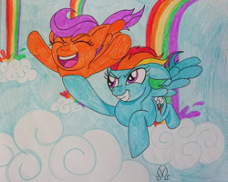 Size: 1280x1022 | Tagged: safe, artist:dncsamsonart, rainbow dash, scootaloo, pegasus, pony, g4, sleepless in ponyville, cloud, female, filly, flying, foal, grin, happy, mare, open mouth, open smile, rainbow falls (location), rainbow waterfall, scootalove, siblings, sisters, smiling, traditional art