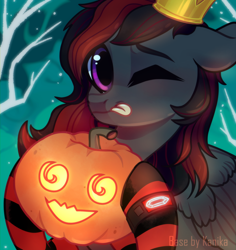 Size: 2304x2436 | Tagged: safe, artist:exampleofvoid, oc, oc only, oc:se solar eclipse, pegasus, pony, abstract background, clothes, crown, female, halloween, high res, holiday, jack-o-lantern, jewelry, looking at you, mare, one eye closed, pegasus oc, pony oc, pumpkin, regalia, royalty, smiling, smiling at you, socks, solo, tongue out, watch, wristwatch